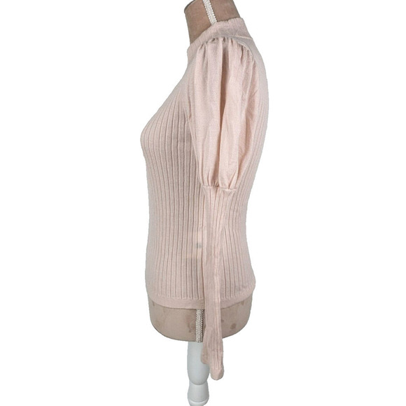 Leur Logette Pink Cashmere Silk Ribbed Balloon Sleeve Sweater Mock Neck XS - Picture 2 of 10